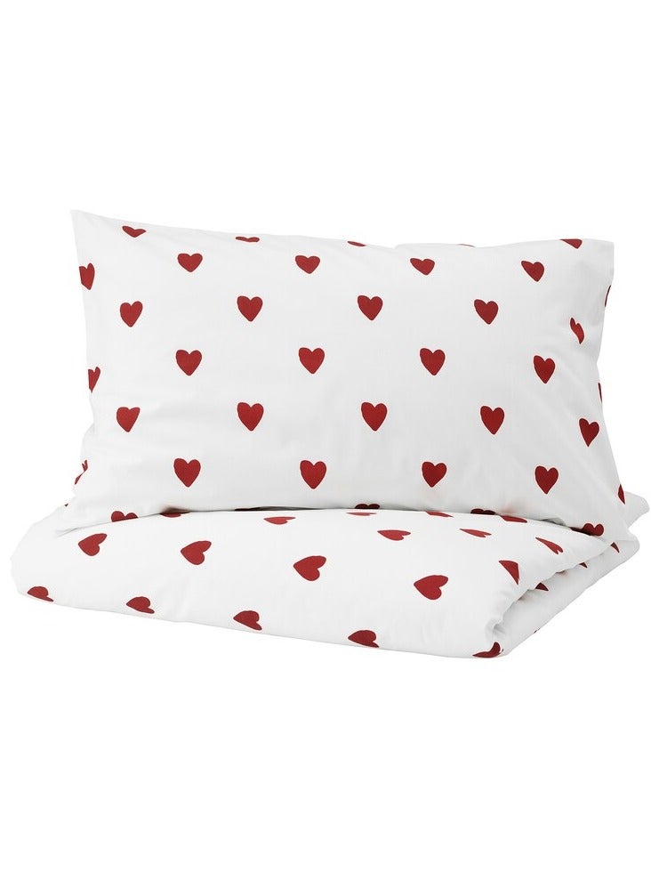 Green Tiger Duvet cover and pillowcase, heart pattern/white red, 150x200/50x80 cm - Image 1