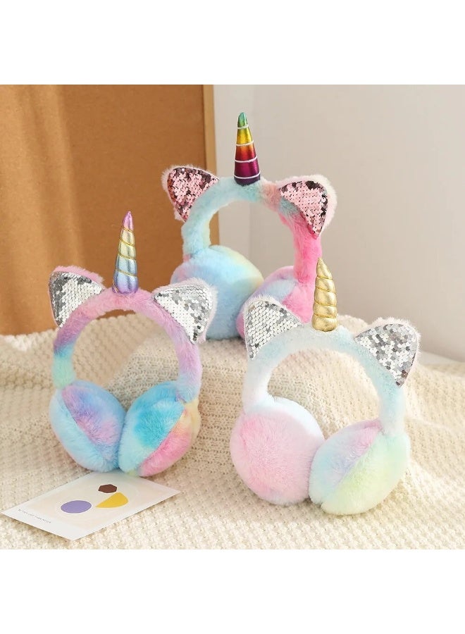 Kids Unicorn Cat Ears Plush Earmuffs, Fluffy Winter Ear Warmer Headband - Image 3