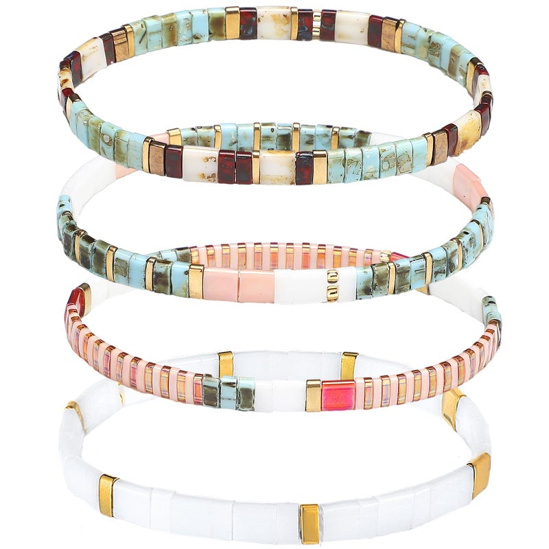 Jadive 4 Pcs Tila Flat Beaded Stretch Bracelets for Women Bohemian Friendship Bead Bracelets Glass Cute Boho Style Square Beaded Decorations for Jewelry Friend Gifts(Colorful) - Image 1