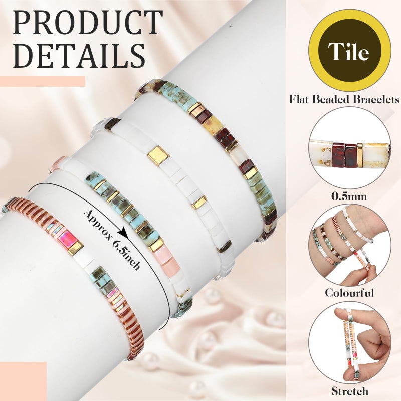 Jadive 4 Pcs Tila Flat Beaded Stretch Bracelets for Women Bohemian Friendship Bead Bracelets Glass Cute Boho Style Square Beaded Decorations for Jewelry Friend Gifts(Colorful) - Image 2