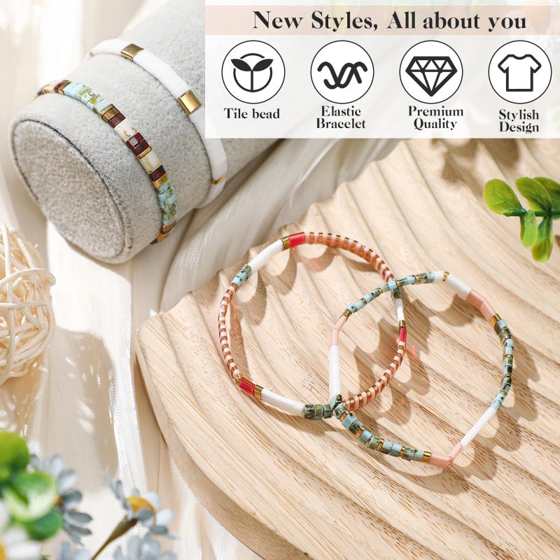 Jadive 4 Pcs Tila Flat Beaded Stretch Bracelets for Women Bohemian Friendship Bead Bracelets Glass Cute Boho Style Square Beaded Decorations for Jewelry Friend Gifts(Colorful) - Image 4