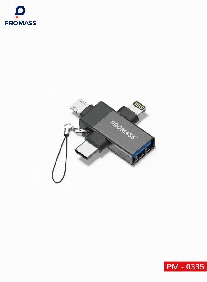 PROMASS 3-in-1 USB Female to Lightning, USB-C, and Micro USB Flash Drive Adapter; OTG USB Female to Type-C, Lightning, and Micro USB Male 3-in-1 Adapter; Thunderbolt Accessories for iPhone 17, 16, 15, 14, 13, 12 Pro Max, iPad, Samsung, LG, Android; Card Reader; Camera, Mouse, Keyboard, and MIDI Flash Drive - Image 1