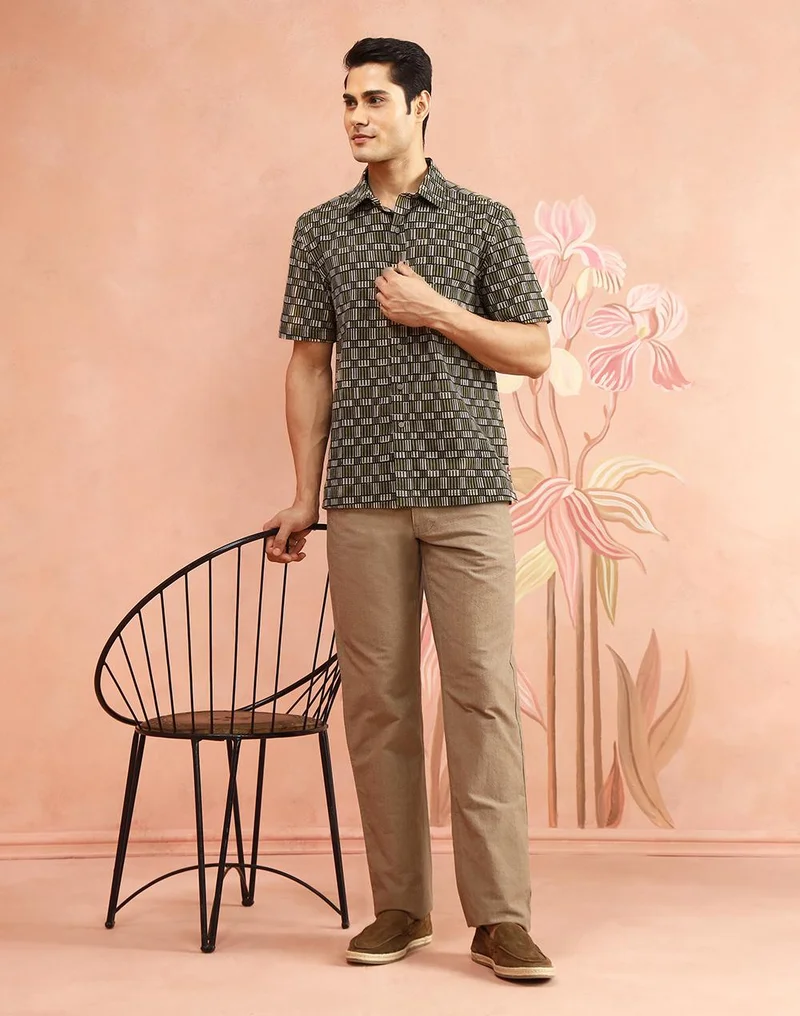 Fabindia  Beige-Green Cotton Bagru Printed Bush Shirt for Men | Best Price UAE