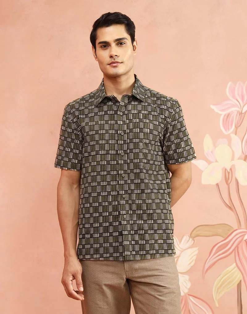فاب انديا Beige-Green Cotton Bagru Printed Bush Shirt