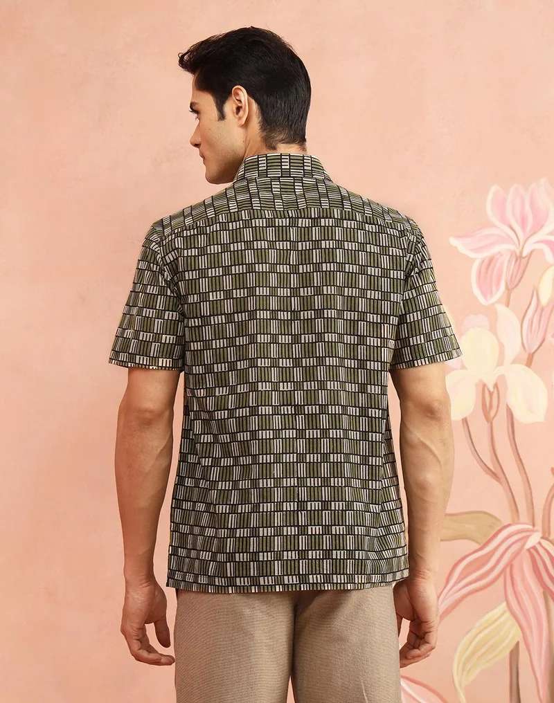Fabindia  Beige-Green Cotton Bagru Printed Bush Shirt for Men | Best Price UAE