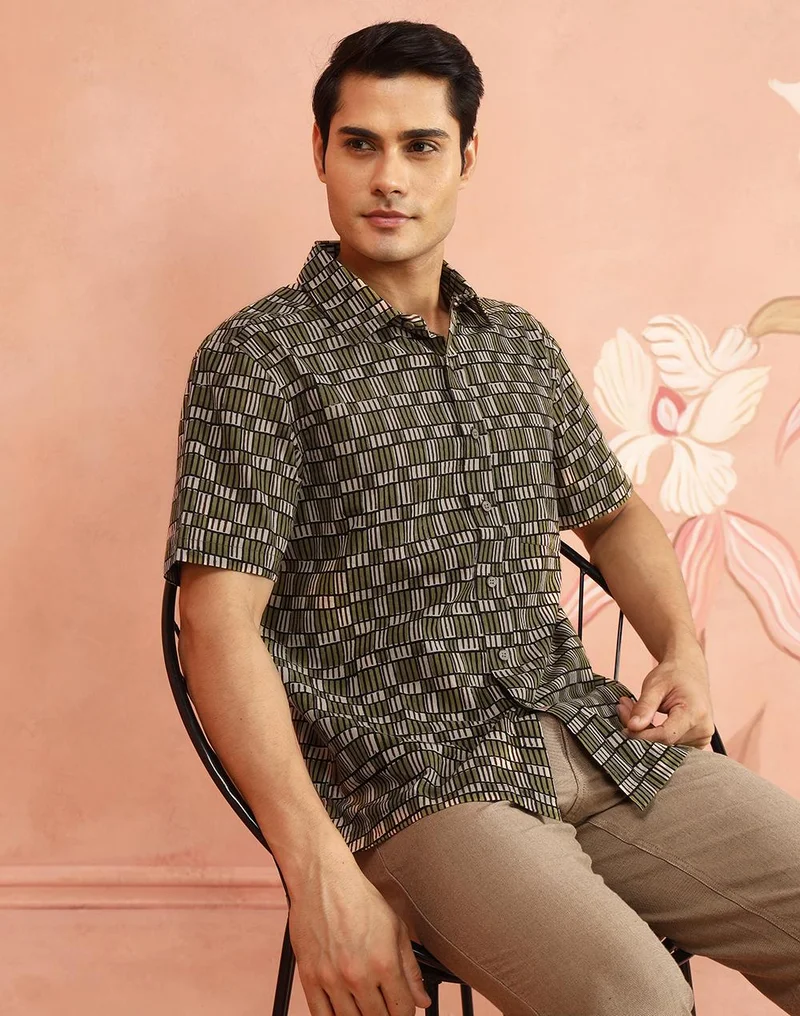 فاب انديا Beige-Green Cotton Bagru Printed Bush Shirt