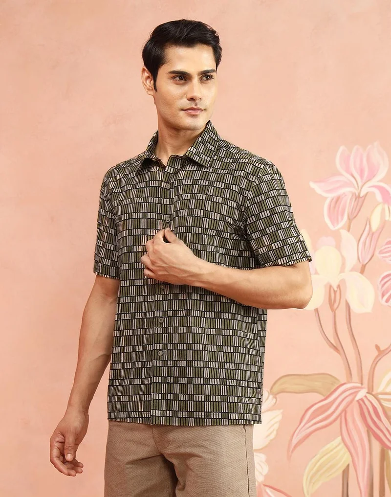 Fabindia  Beige-Green Cotton Bagru Printed Bush Shirt for Men | Best Price UAE