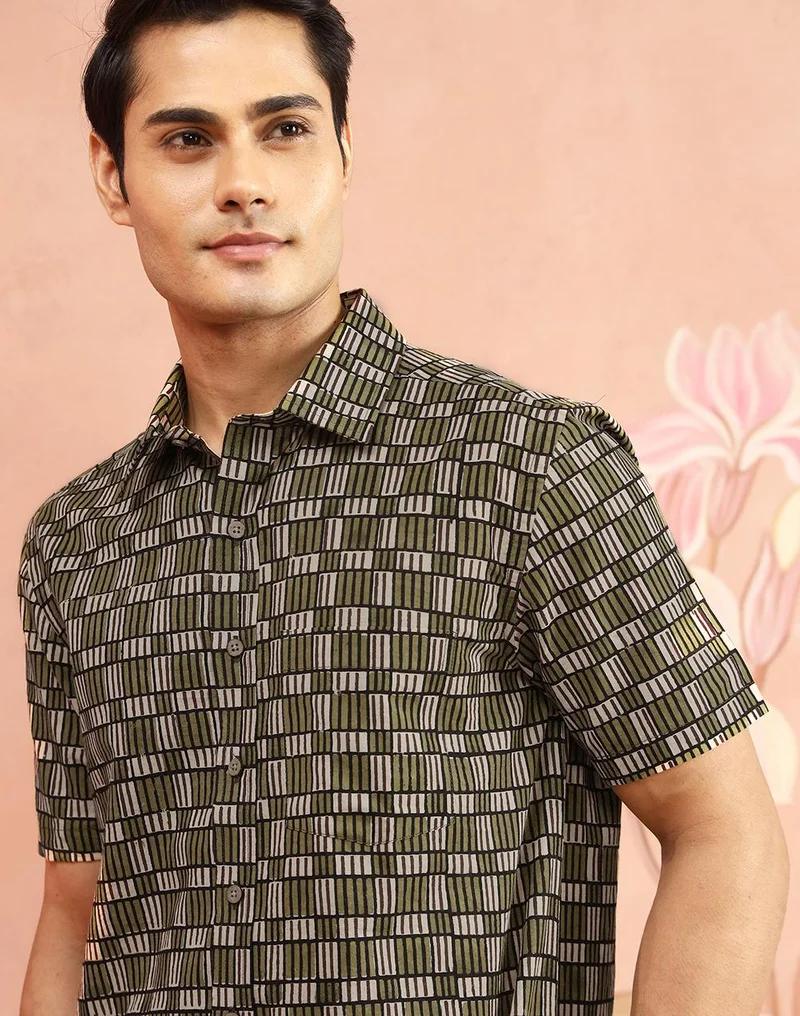 Fabindia  Beige-Green Cotton Bagru Printed Bush Shirt for Men | Best Price UAE