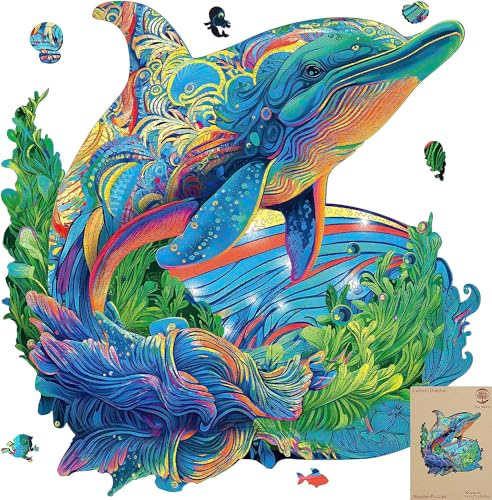 MYS Aurora Wooden Puzzles Dolphin Jigsaw Puzzles 500 Pieces Unique Shaped Wooden Puzzles for Adults and Kids Family Game 173 x 148 Inch - Image 1