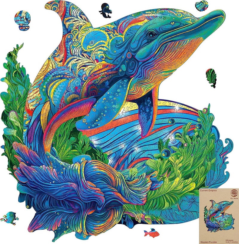 MYS Aurora Wooden Puzzles Dolphin Jigsaw Puzzles 500 Pieces Unique Shaped Wooden Puzzles for Adults and Kids Family Game 173 x 148 Inch - Image 3
