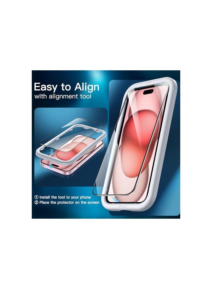 جي تيك واقي شاشة بتغطية كاملة من JETech لهاتف iPhone 15 مقاس 6.1 بوصة، طبقة من الزجاج المقوى بحافة سوداء مع أداة تثبيت سهلة، صديق للحافظة، شفاف عالي الدقة، 3 عبوات - Image 5