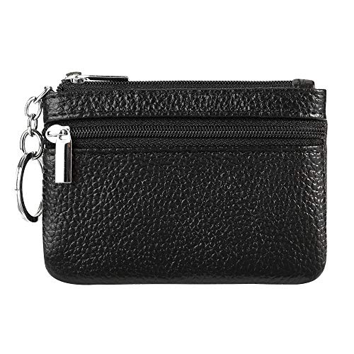 Cynure Women Genuine Leather Keychain Zipper Change Wallet Small Mini Pocket Size Coin Purse, Black - Image 2