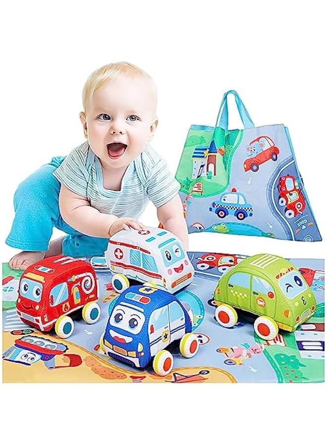 HOOKOR Baby Toy Soft Pull Back Cars Toys for Toddlers 1-3,Toy Cars for 1 2 3 Year Old Boys Girls, 4 Vehicles with Play Mat/Storage Bag, Baby Boy Girl Car Toys 6 9 12 18 Months  - Image 1
