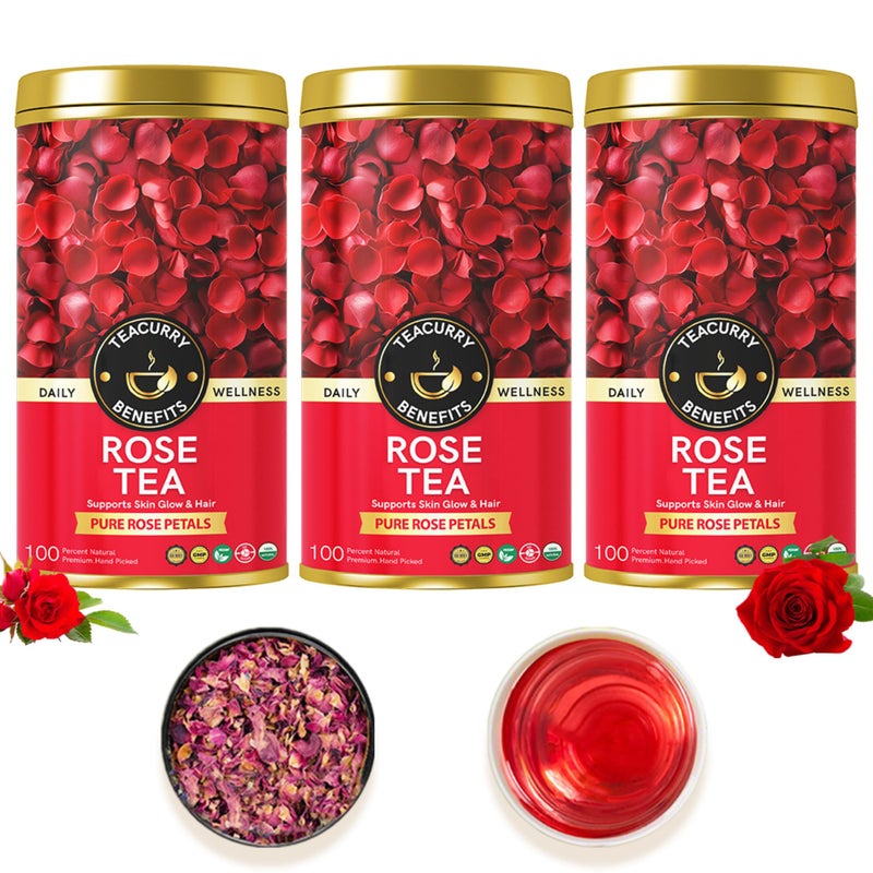 Teacurry Rose Flower Tea (60 Grams, Golden Tin Jar) - Pure, Sun-Dried Rose Petals for Skin Glow and Immunity | 100% Pure and Natural Sun-Dried Rose Petals - Image 1