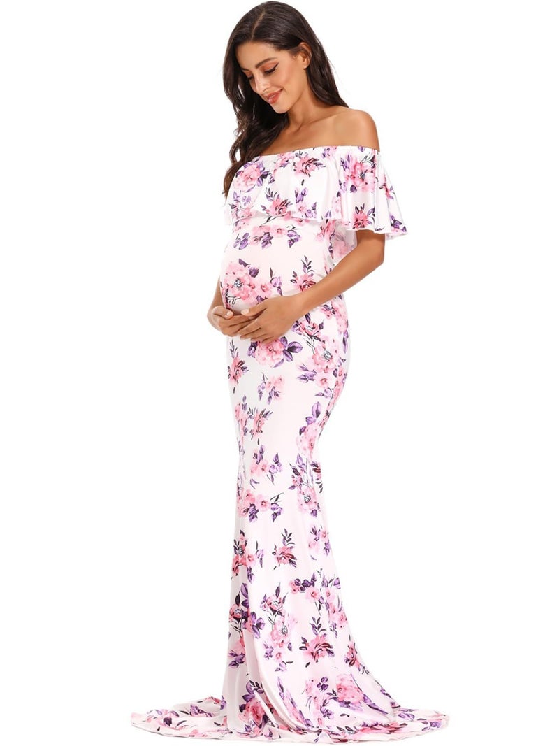 Glampunch Womens Off Shoulder Maternity Dress Ruffles Elegant Slim Gowns Fit Maxi Photography Dress - Image 1