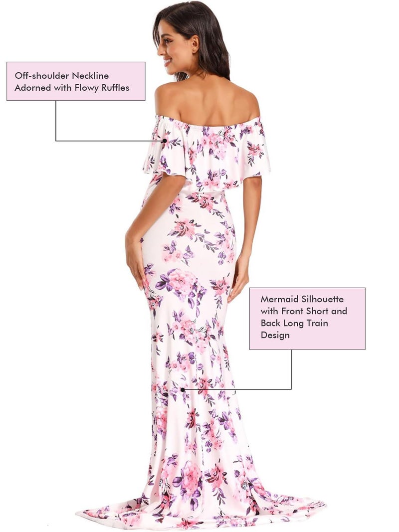 Glampunch Womens Off Shoulder Maternity Dress Ruffles Elegant Slim Gowns Fit Maxi Photography Dress - Image 5