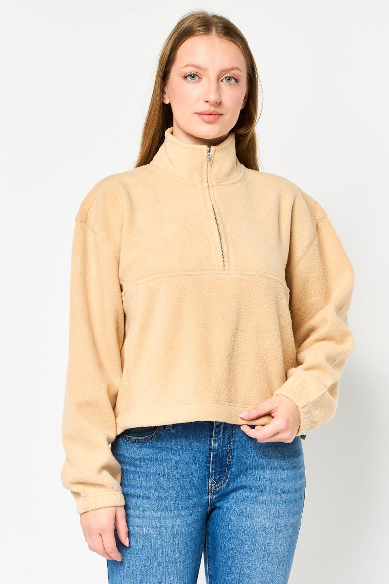 NIA Women Mock Neck Textured Sweater, Beige - Image 1