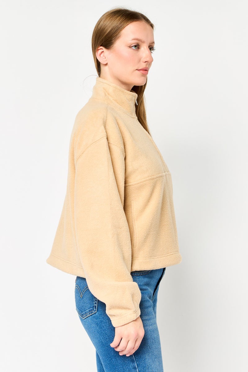 NIA Women Mock Neck Textured Sweater, Beige - Image 3