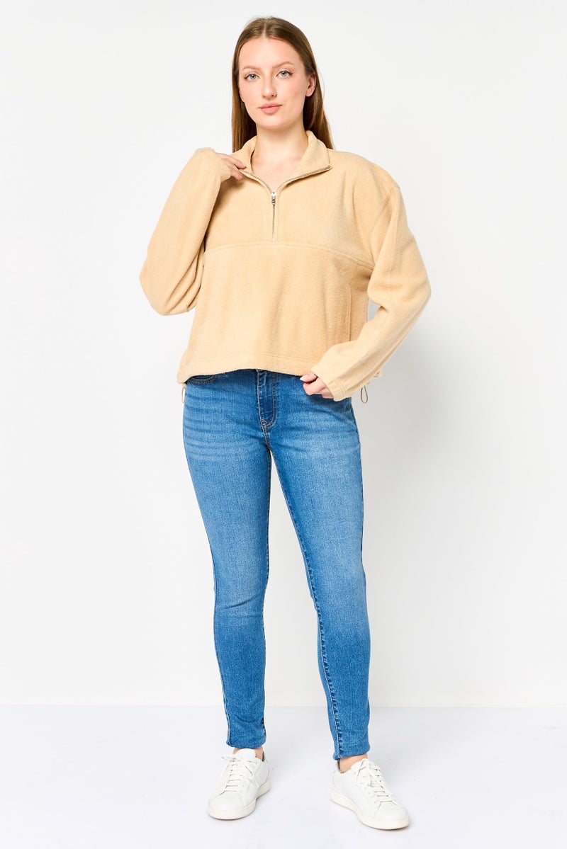 NIA Women Mock Neck Textured Sweater, Beige - Image 2