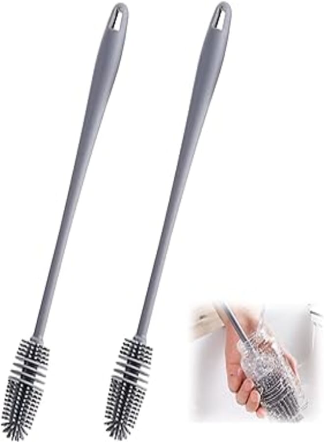 OR فرشاة زجاجات سيليكون عالمية 2 قطعة بمقبض طويل فرشاة زجاجات سيليكون فرشاة تنظيف زجاجات سيليكون رمادية فرشاة تنظيف زجاجات المياه لزجاجات التنظيف وحرارة الزجاجات وغيرها