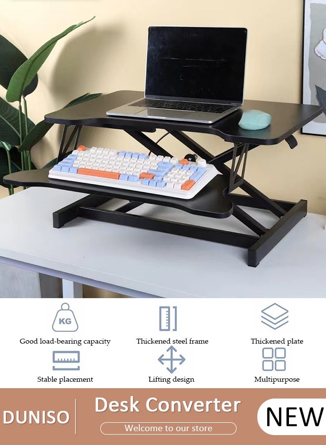 دونيسو محول مكتب قائم بارتفاع قابل للتعديل، حامل مكتب من وضع الجلوس إلى الوقوف، حامل مكتب مريح مع صينية لوحة مفاتيح، محطة عمل سريعة التركيب لشاشة مزدوجة، حامل سطح مكتب للمكتب المنزلي - Image 1