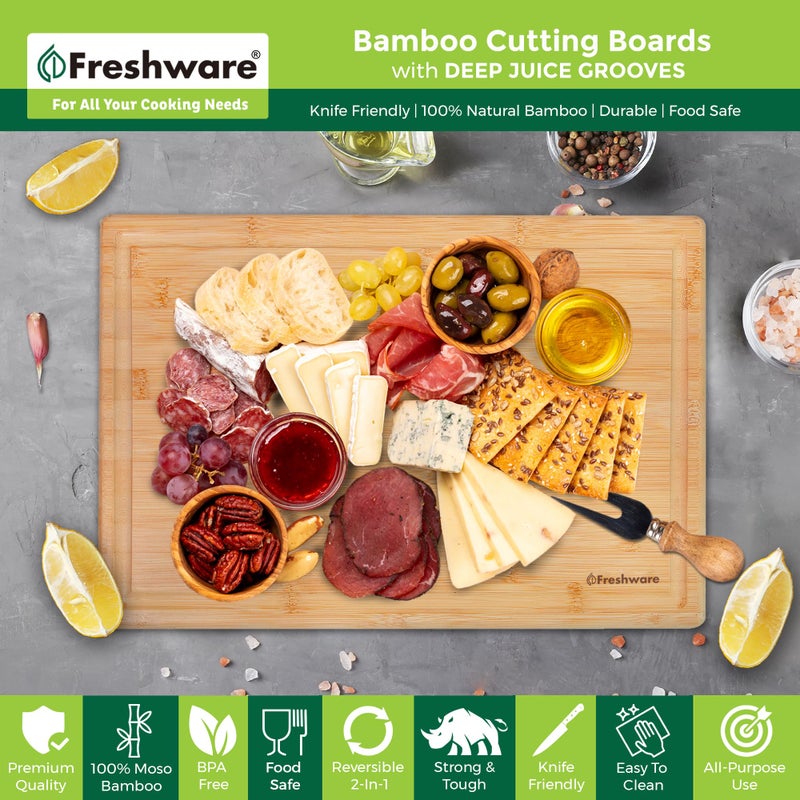 Freshware Bamboo Cutting Boards for Kitchen with Juice Groove [Extra-Large] Wood Cutting Board for Chopping Meat, Vegetables, Fruits, Cheese, Knife Friendly Serving Tray with Handles, 18 x 12.5 Inch - Image 3
