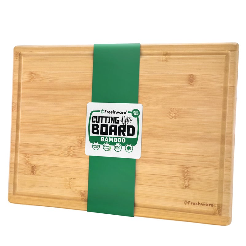 Freshware Bamboo Cutting Boards for Kitchen with Juice Groove [Extra-Large] Wood Cutting Board for Chopping Meat, Vegetables, Fruits, Cheese, Knife Friendly Serving Tray with Handles, 18 x 12.5 Inch - Image 2
