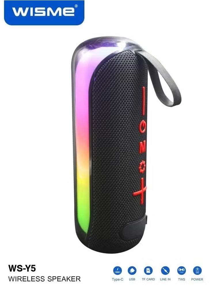WISME مكبر صوت بلوتوث محمول لاسلكي WS-Y5 مع إضاءة ملونة RGB، خيارات إدخال متعددة، وتحكم بالزر – صوت عالي الجودة وتصميم أنيق، أسود - Image 1