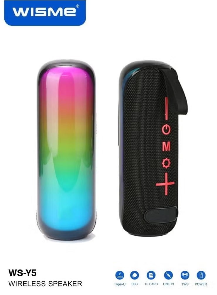 WISME مكبر صوت بلوتوث محمول لاسلكي WS-Y5 مع إضاءة ملونة RGB، خيارات إدخال متعددة، وتحكم بالزر – صوت عالي الجودة وتصميم أنيق، أسود - Image 2