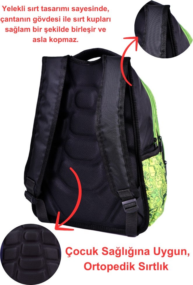 Çantaland Green Printed Waterproof Orthopedic Back Feature Primary School Bag + Lunch Box - Image 3