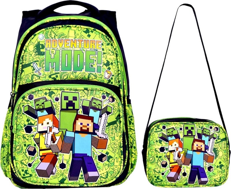 Çantaland Green Printed Waterproof Orthopedic Back Feature Primary School Bag + Lunch Box - Image 1
