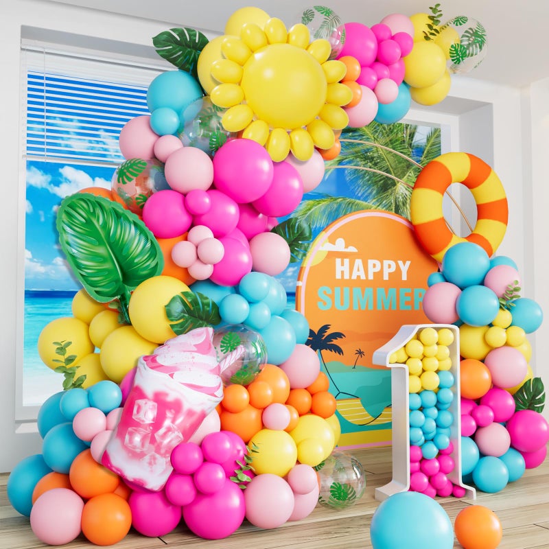 DBKL Tropical Balloon Arch Garland Kit Luau Hawaiian Party Decorations Rose Orange Yellow Blue Green Palm Leaves Balloons for Tropical Hawaiian Summer Birthday Pool Party Supplies - Image 2