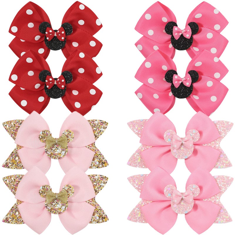Qearl 8 Pcs Mouse Ears Bow Clips for Girls, Polka Dot Red Bows Theme Park Costume Party Decoration for Toddlers Girls in Pairs - Image 1