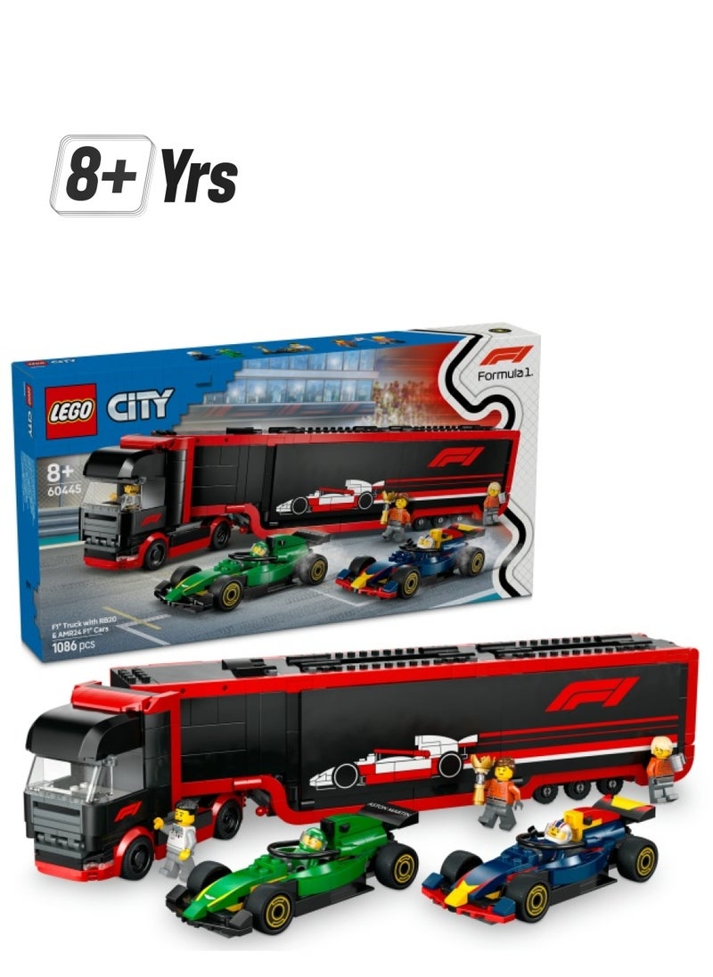 LEGO City F1 Truck with RB20 & AMR24 F1 Cars - Car Transporter Toy for RB & Aston Martin Formula 1 Teams - Incl. 2 Drivers & Race Simulator - Gifts for 8+ Year Old Boys & Girls - 60445 (1086 pieces)  - Image 1