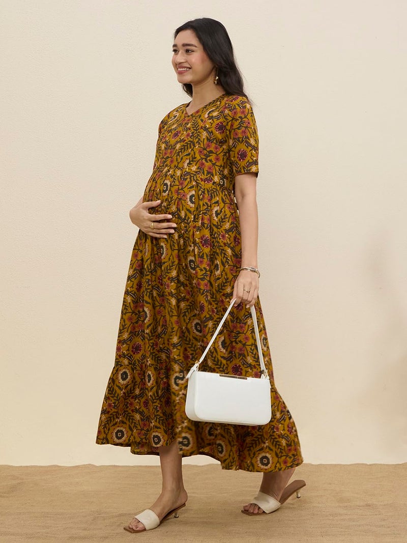 MomToBe Cotton Maternity Feeding Kurti Dress for Women | Pregnancy Dress with Concealed Zipper | Soft Breathable Fabric | Comfortable Calf-Length Outfit (Mustrad Yellow, X-Large) - Image 3