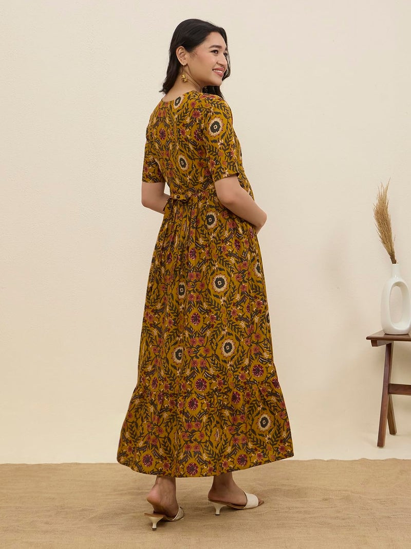 MomToBe Cotton Maternity Feeding Kurti Dress for Women | Pregnancy Dress with Concealed Zipper | Soft Breathable Fabric | Comfortable Calf-Length Outfit (Mustrad Yellow, X-Large) - Image 4