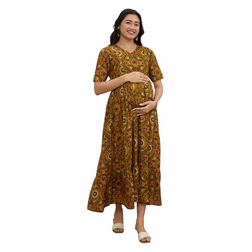 MomToBe Cotton Maternity Feeding Kurti Dress for Women | Pregnancy Dress with Concealed Zipper | Soft Breathable Fabric | Comfortable Calf-Length Outfit (Mustrad Yellow, X-Large) - Image 1