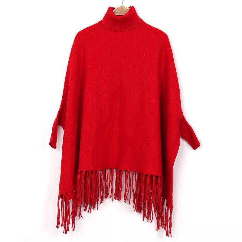 European and American autumn and winter high collar pullover ladies tassel cape monochrome cashmere shawl bat sleeve coat wholesale Red 