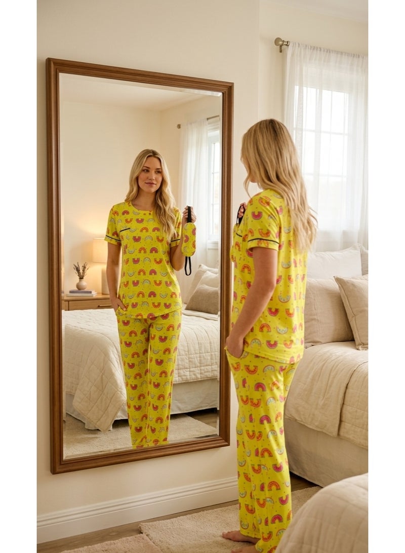 Women's Summer Pajama Set 2 Pieces (T-Shirt & Pants) with Soft Prints, Comfortable Daily Wear Design with Elegant Sleep Mask (Lemon Yellow) - Image 4