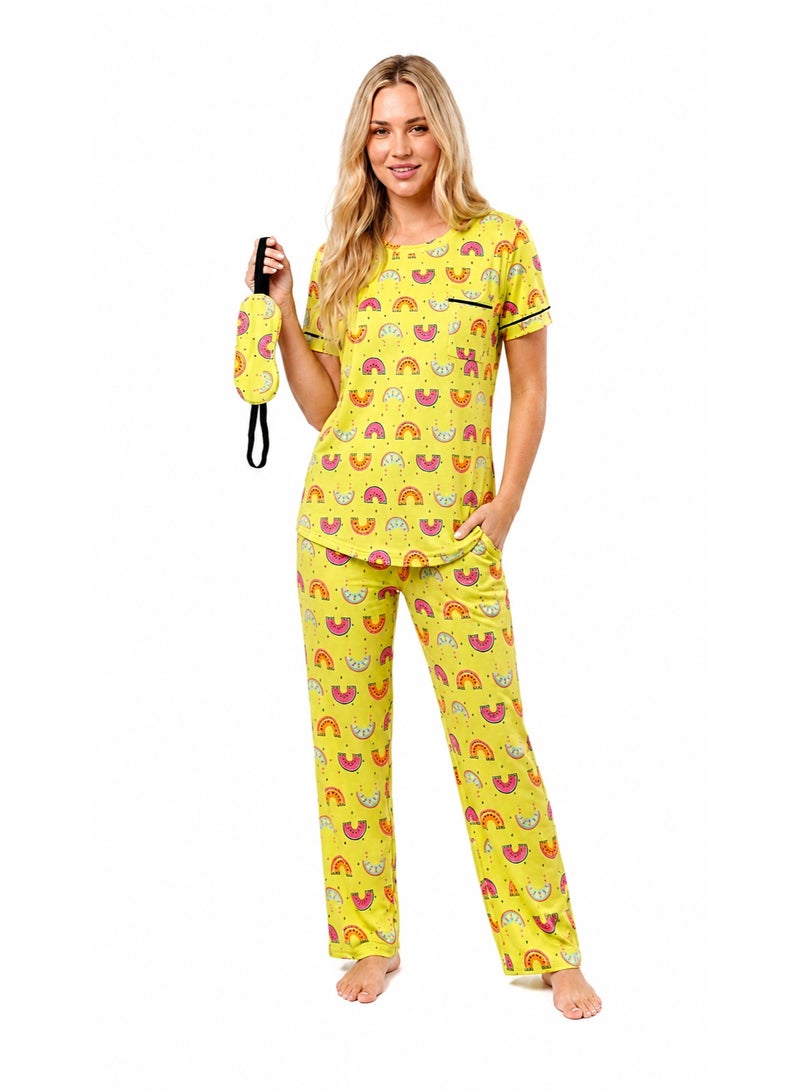 Women's Summer Pajama Set 2 Pieces (T-Shirt & Pants) with Soft Prints, Comfortable Daily Wear Design with Elegant Sleep Mask (Lemon Yellow) - Image 1