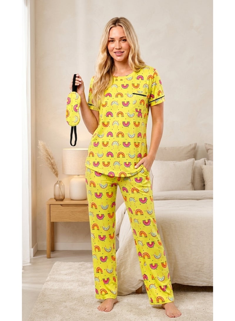 Women's Summer Pajama Set 2 Pieces (T-Shirt & Pants) with Soft Prints, Comfortable Daily Wear Design with Elegant Sleep Mask (Lemon Yellow) - Image 2