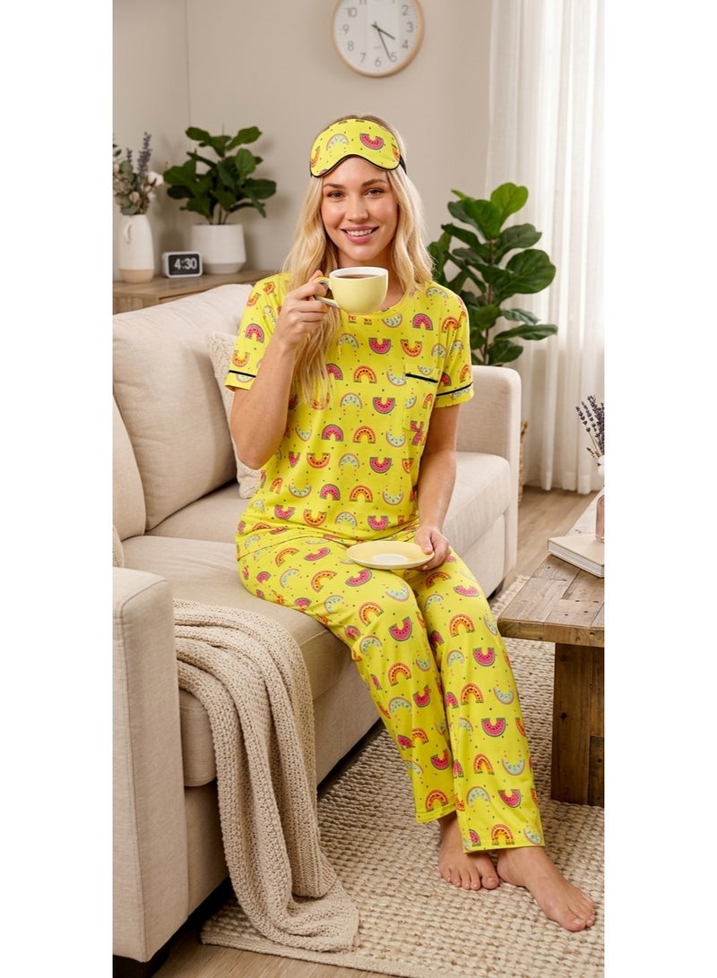 Women's Summer Pajama Set 2 Pieces (T-Shirt & Pants) with Soft Prints, Comfortable Daily Wear Design with Elegant Sleep Mask (Lemon Yellow) - Image 3