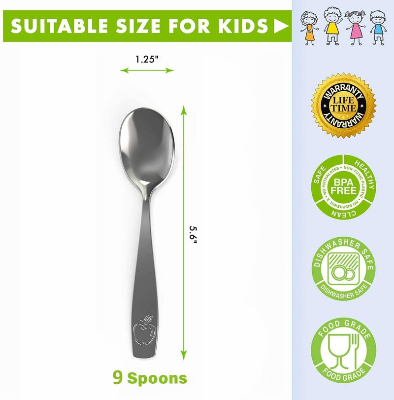 CHILLOUT LIFE 9 Piece Stainless Steel Kids Spoons - Child and Toddler Safe Flatware - Kids Utensil Set - Metal Kid Cutlery Set, Dinner Spoon Set for Dessert - Includes a Total of 9 Small Spoons - Image 2