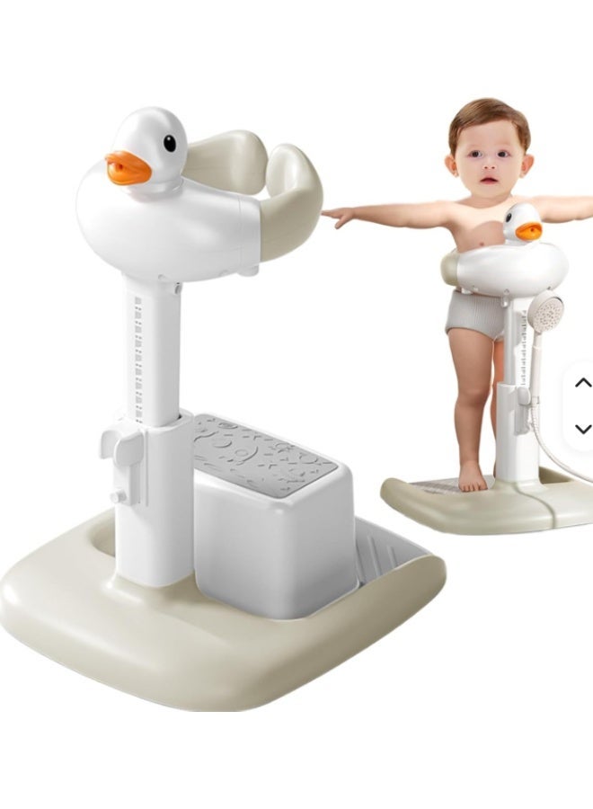 Foldable baby bath seat with adjustable armrest, standing support, and non-slip pad. - Image 1