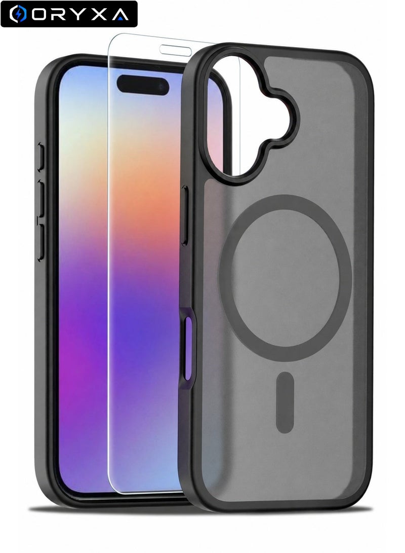 ORYXA iPhone 17 Case, 2 IN 1 Magnetic Phone Cover + Screen Protector, For iPhone 17, Compatible with MagSafe, Translucent Matte Shockproof Cover, Slim Full Protection, Black - Image 1
