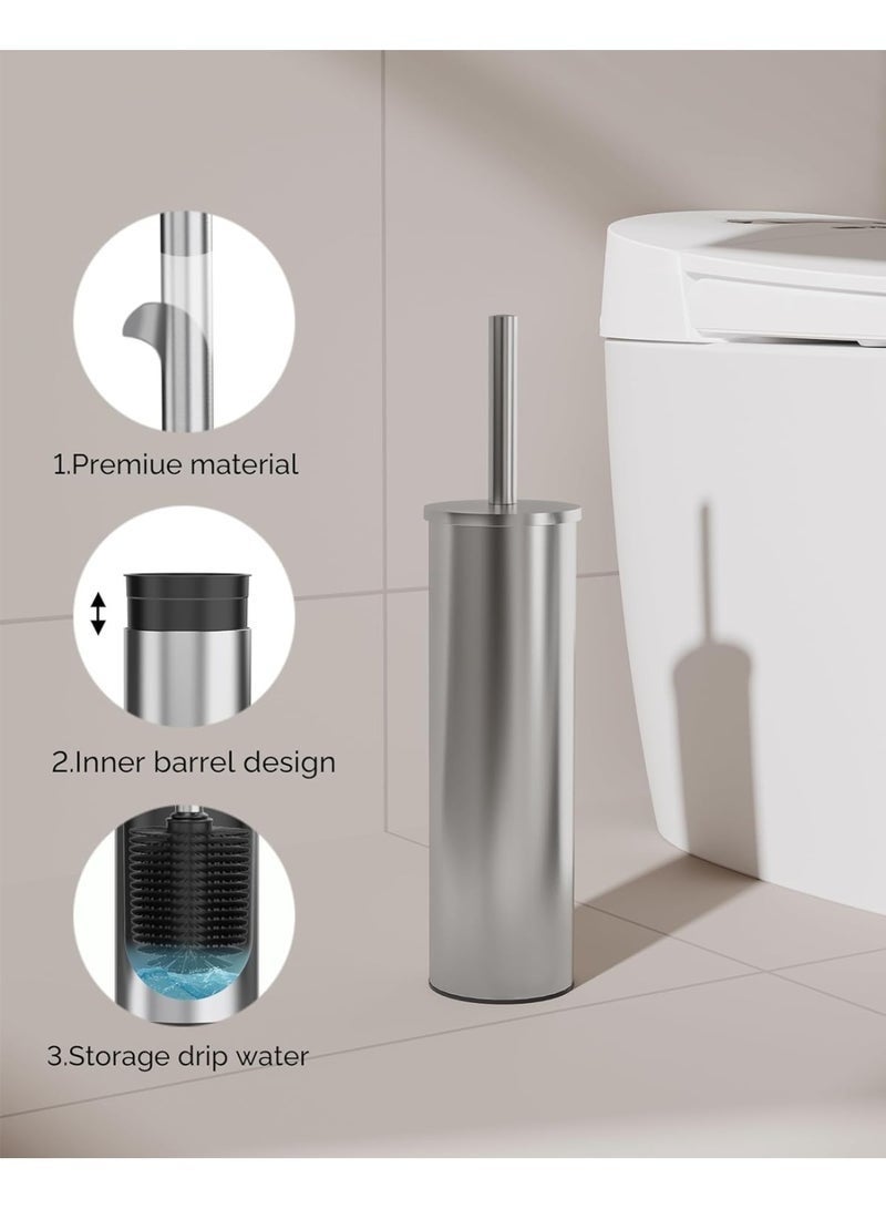 مجموعة فرشاة المرحاض وحامل، فرشاة المرحاض مع قاعدة من الستانلس ستيل 304 شديدة التحمل ومقبض طويل ،  (ستانلس ستيل-فضي) - Image 2