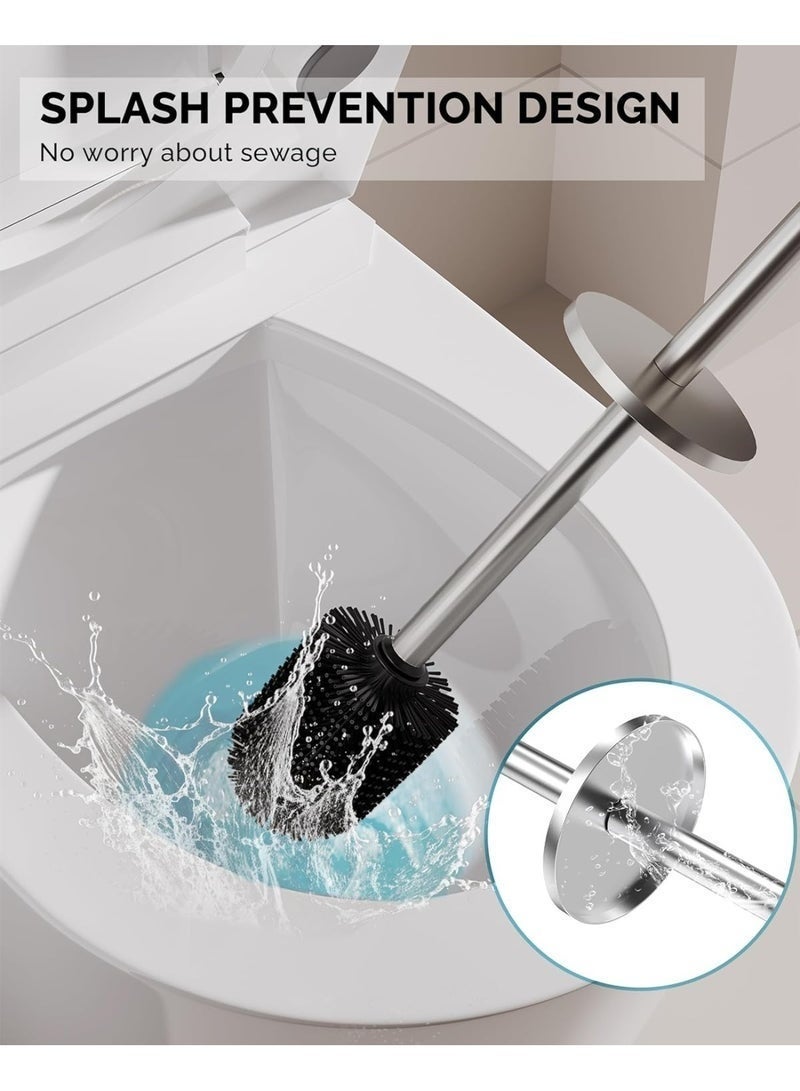 مجموعة فرشاة المرحاض وحامل، فرشاة المرحاض مع قاعدة من الستانلس ستيل 304 شديدة التحمل ومقبض طويل ،  (ستانلس ستيل-فضي) - Image 4