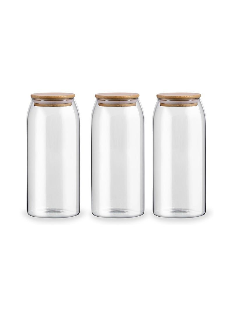 BLACKSTONE - Set of 3 Glass Storage Jars 1000ml Capacity Each Airtight Wooden Lids with Leakproof Silicone Ring - Image 1