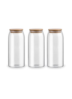 BLACKSTONE Set of 3 Glass Storage Jars 1000ml Capacity Each Airtight Wooden Lids with Leakproof Silicone Ring  - Image 1