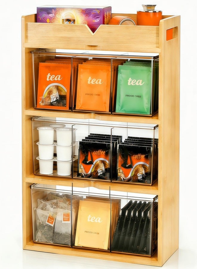 Tlence 4 Tier Tea Organizer for Tea Bags, 15.5"Tea Bag Holder with Acrylic Drawer, Tea Storage Station for Countertop, Bamboo Tea Rack for Sugar Packets, Sweeteners, Creamers for Kitchen Pantry - Image 1